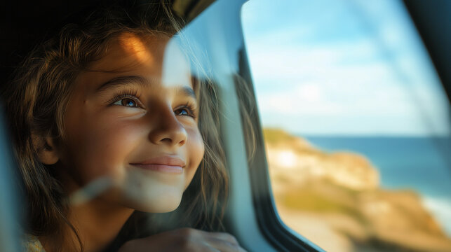 Young Girl Smiling and Daydreaming by the Ocean Window