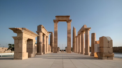 A series of architectural elements from ancient Mesopotamian civilizations arranged in a modern design, symbolizing the connection between Iraq’s past and present. (indicates Iraqi National Day).

