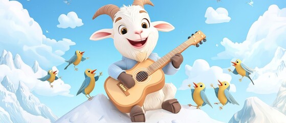 Fototapeta premium Playful 3D Cartoon Goat Playing Guitar on Mountaintop Surrounded by Singing Birds