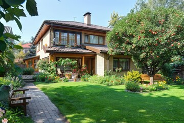 Modern Two-Story House in Village with Beige Brick and Wood, Surrounded by Green Grass and Flowers