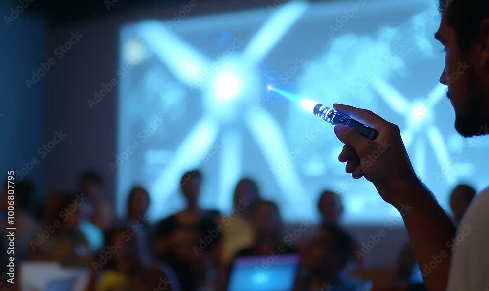 Poster Engineer Highlighting Data Points with Laser Pointer