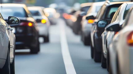 Traffic congestion on a busy road with cars lined up under bright sunlight. The image highlights the challenges of urban transportation.