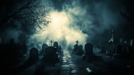 Foggy night in an eerie graveyard with tombstones and silhouettes under a haunting moonlit sky.