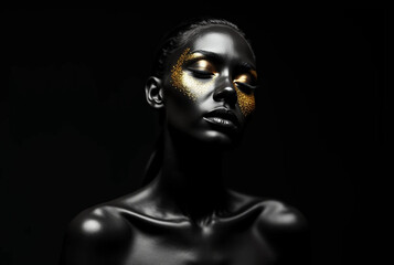 Striking Beauty in Black and Gold: Woman with Painted Skin in Elegant Background for Decoration