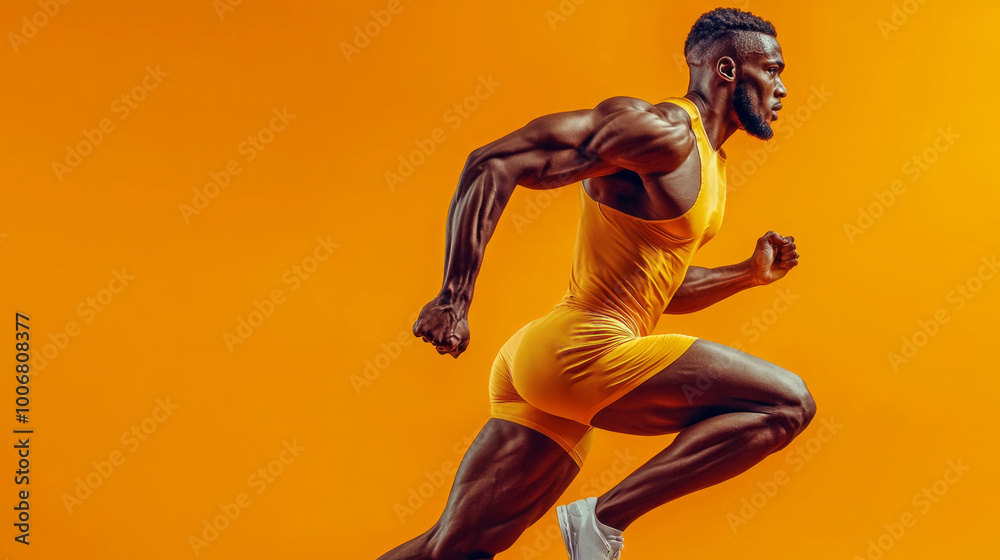 Wall mural A man in a yellow tank top is running on a yellow background