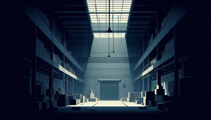 Dark, Abandoned Warehouse for Suspenseful Visual Novel with Minimalist Design
