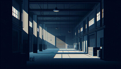 Dark, Abandoned Warehouse for Suspenseful Visual Novel with Minimalist Design
