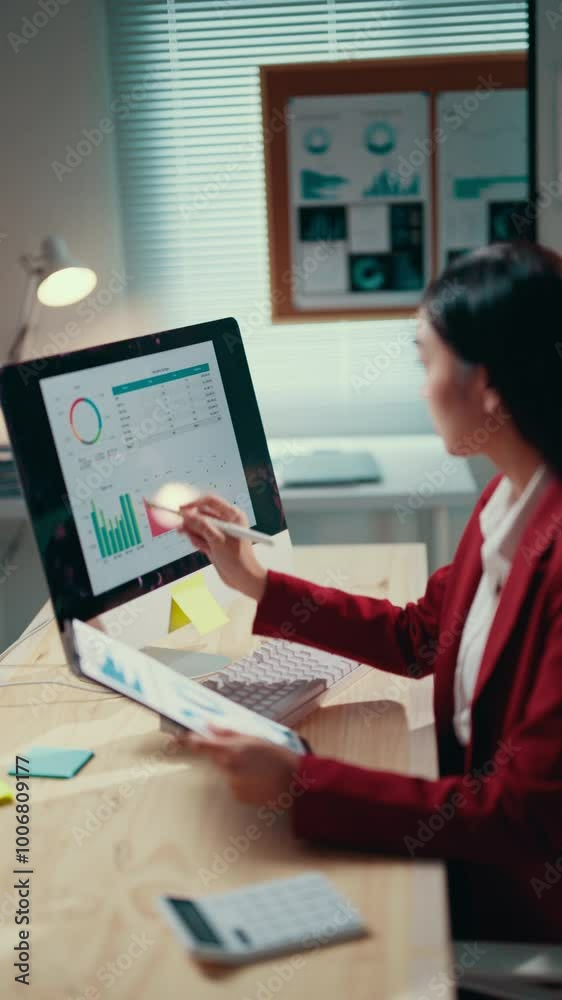 Poster Businesswoman in her office is reviewing data displayed on a computer screen and a tablet, using a pen to point at specific information on both devices