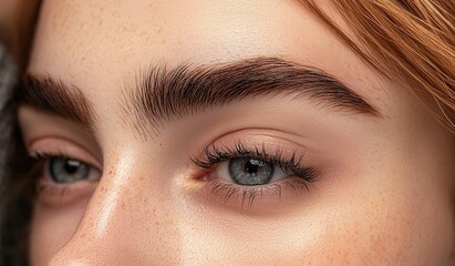 Fototapeta premium Captivating close-up of a young woman with striking blue eyes and well-groomed eyebrows showcasing natural beauty in soft lighting