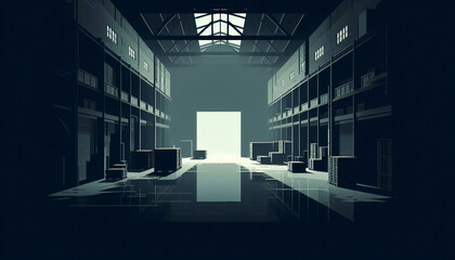 Simplified Abandoned Warehouse with Dark Shadows for Visual Novel Scene
