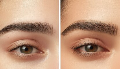 A close-up look at beautifully groomed eyebrows and defined eyelashes showcasing a natural beauty transformation