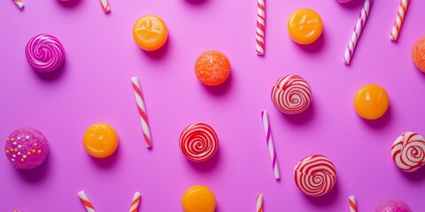 A colorful assortment of candy, including lollipops and gummy bears, is arranged on a purple background