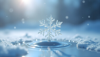 Beautiful snowflake on a water surface in a winter wonderland