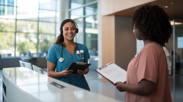 A friendly receptionist wearing a headset smiles while coordinating with a nurse holding a clipboard at a sleek hospital front desk. The environment promotes efficiency and teamwork - Powered by Adobe