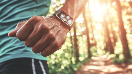 A close-up of a runner's hand wearing a smartwatch, captured in a sunlit forest, symbolizing fitness and active lifestyle.