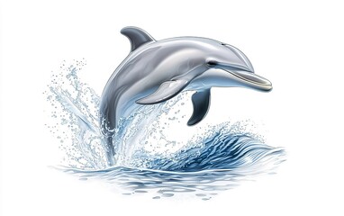 A playful dolphin leaps joyfully above the shimmering ocean waves under a bright afternoon sky