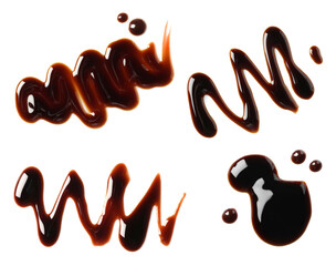 Tasty balsamic vinegar on white background, top view