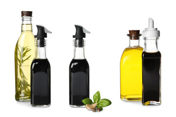 Tasty balsamic vinegar and oil on white background, set