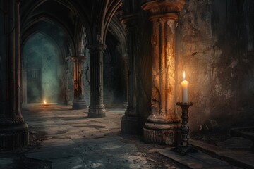 Tall white candle burning, gothic stone architecture, dimly lit hallway, Copy space 