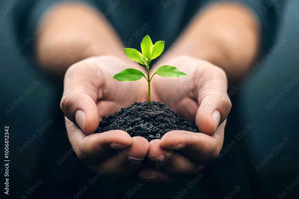 Wall mural a person holding a small green plant in soil, symbolizing growth, care, and environmental sustainabi