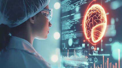 A scientist analyzes brain data through a digital interface, showcasing the synergy of technology and neuroscience in research.