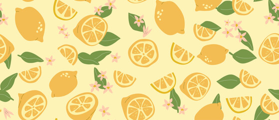 Hand drawn abstract lemon fruit pattern with plant parts and sliced food. Seamless pattern with lemon for textile, wrapping paper, posters. Fashion textures of citrus fruit.