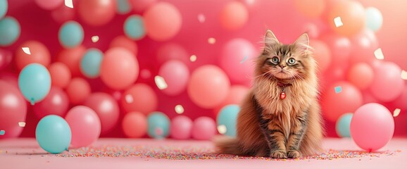 Fluffy tabby cat with balloons and confetti. Festive pet celebration scene. World Pets Day or birthday party concept