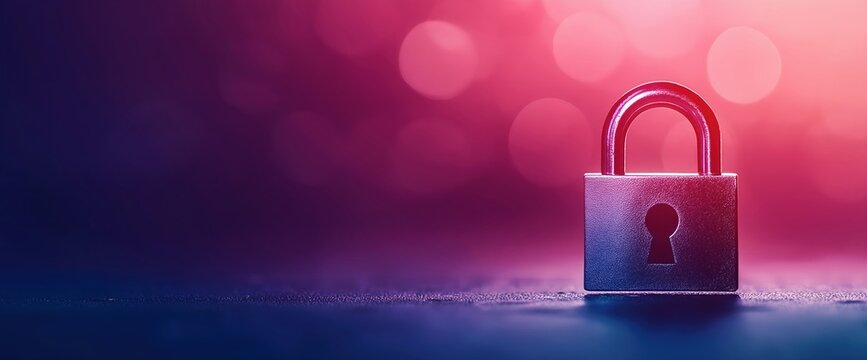Purple padlock on gradient background with bokeh. Cybersecurity and data protection concept. National Computer Security Day