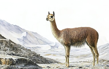 A graceful guanaco stands amidst rugged mountain terrain, showcasing its natural elegance against the serene backdrop of the Andes