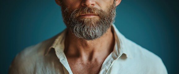 Closeup of man's grey beard and white shirt collar. Mature masculinity concept. International Men's Day or grooming awareness