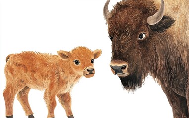 Fototapeta premium Tender moments between a calf and its bison mother in a serene setting, showcasing the beauty of wildlife friendship and nurturing bonds