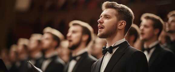 Male choir singers performing in formal attire. Classical music concert or opera performance. World Choral Day celebration