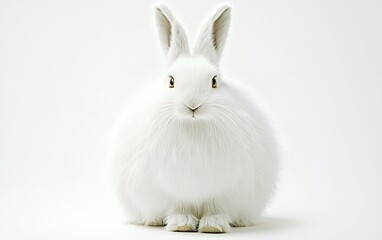 Obraz premium A fluffy white rabbit sits calmly against a plain backdrop, exuding a sense of tranquility and cuteness in a serene setting