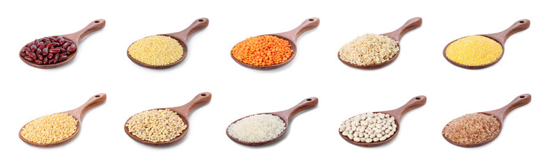 Different cereal grains and beans in wooden spoons on white background, collection