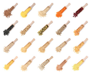 Different cereal grains, seeds and beans in wooden scoops on white background, top view. Collection