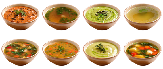 Different soup in bowls set isolated Png, transparent without background.
