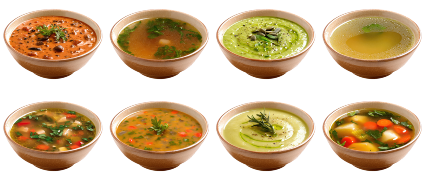 Different soup in bowls set isolated Png, transparent without background.