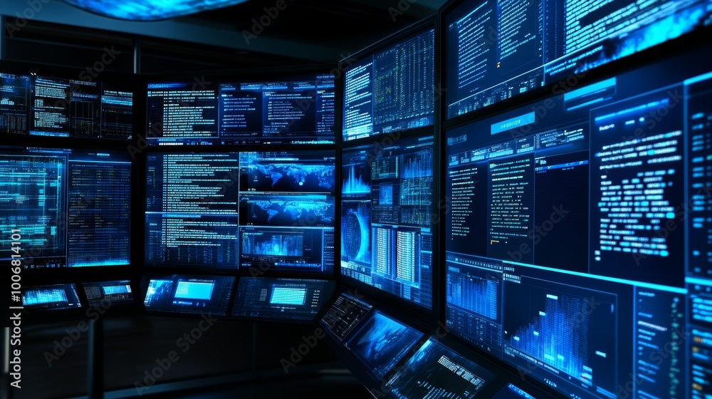 Poster a high-tech control room bathed in blue light from multiple screens displaying streams of digital da