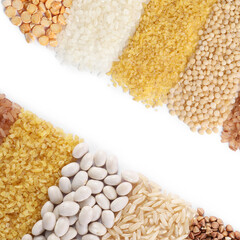 Different cereal grains and beans on white background, top view. Collection
