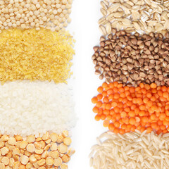 Different cereal grains and beans on white background, top view. Collection