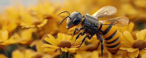 Robot bee pollinating vibrant yellow flowers in a lush garden setting.