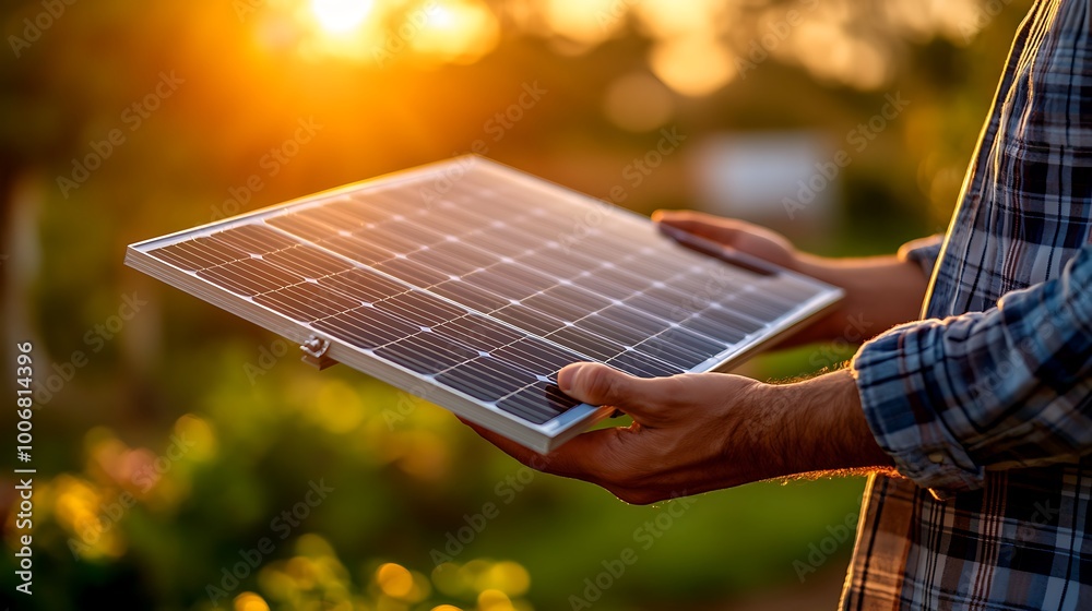 Poster engineer demonstrating solar panel model in laboratory