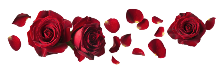 Red rose flower with scattered petals in motion isolated Png, transparent without background.