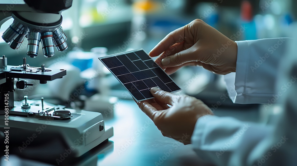 Poster engineer demonstrating solar panel model in laboratory