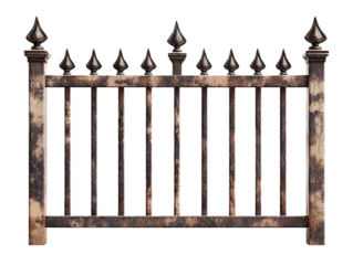 Vintage iron fence with pointed tops, isolated on white background. transparent background
