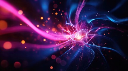 Fototapeta premium Abstract colorful light trails in a dark background with glowing particles.
