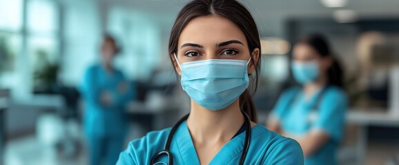 Female healthcare worker in protective mask and scrubs. Medical professional portrait. World Pneumonia Day or pandemic response