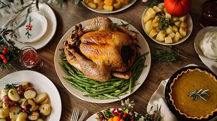 A beautifully arranged Christmas dinner featuring a roasted turkey and side dishes.