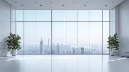 The vast, airy space is defined by its enormous windows offering breathtaking views of the city skyline and skyscrapers.