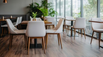 Modern restaurant interior with wooden floors and furniture,  cozy lighting, and a large window view